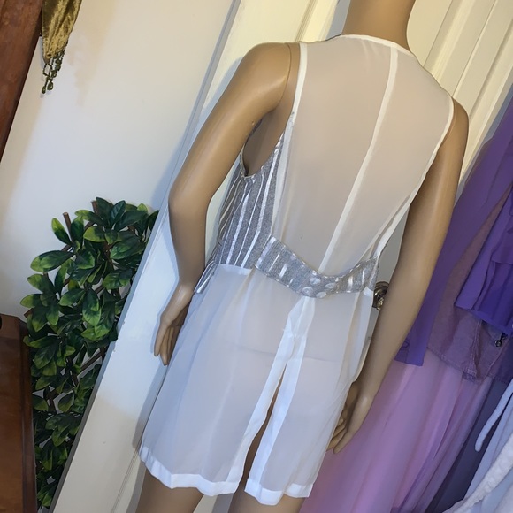 Vtg 90s y2k sleeveless grey white stripe sheer chiffon vest tunic top M - Picture 12 of 16